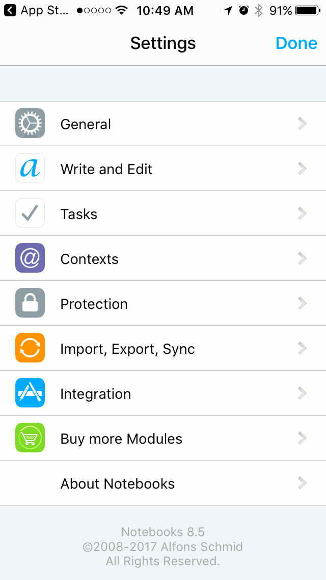 Screenshot of Notebooks app settings