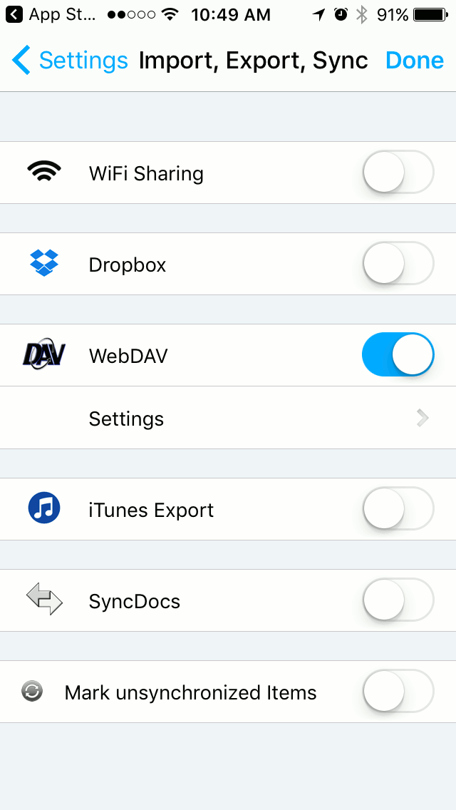 Screenshot of Notebooks app Import, Export, Sync settings