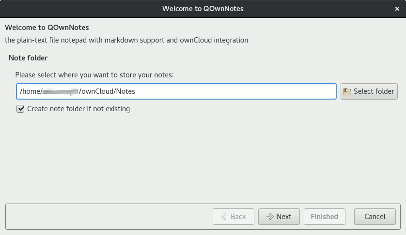Screenshot of the first screen of QOwnNotes setup