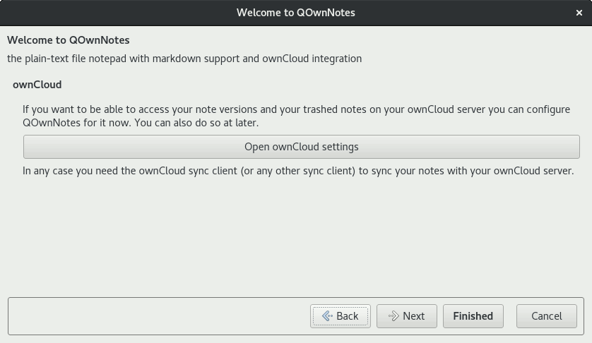 Screenshot of the second screen of QOwnNotes setup