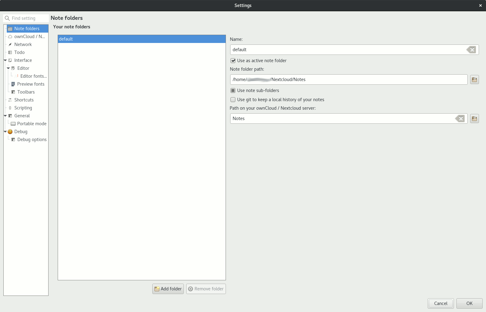 Screenshot of the ownCloud/Nextcloud section of QOwnNotes settings dialog